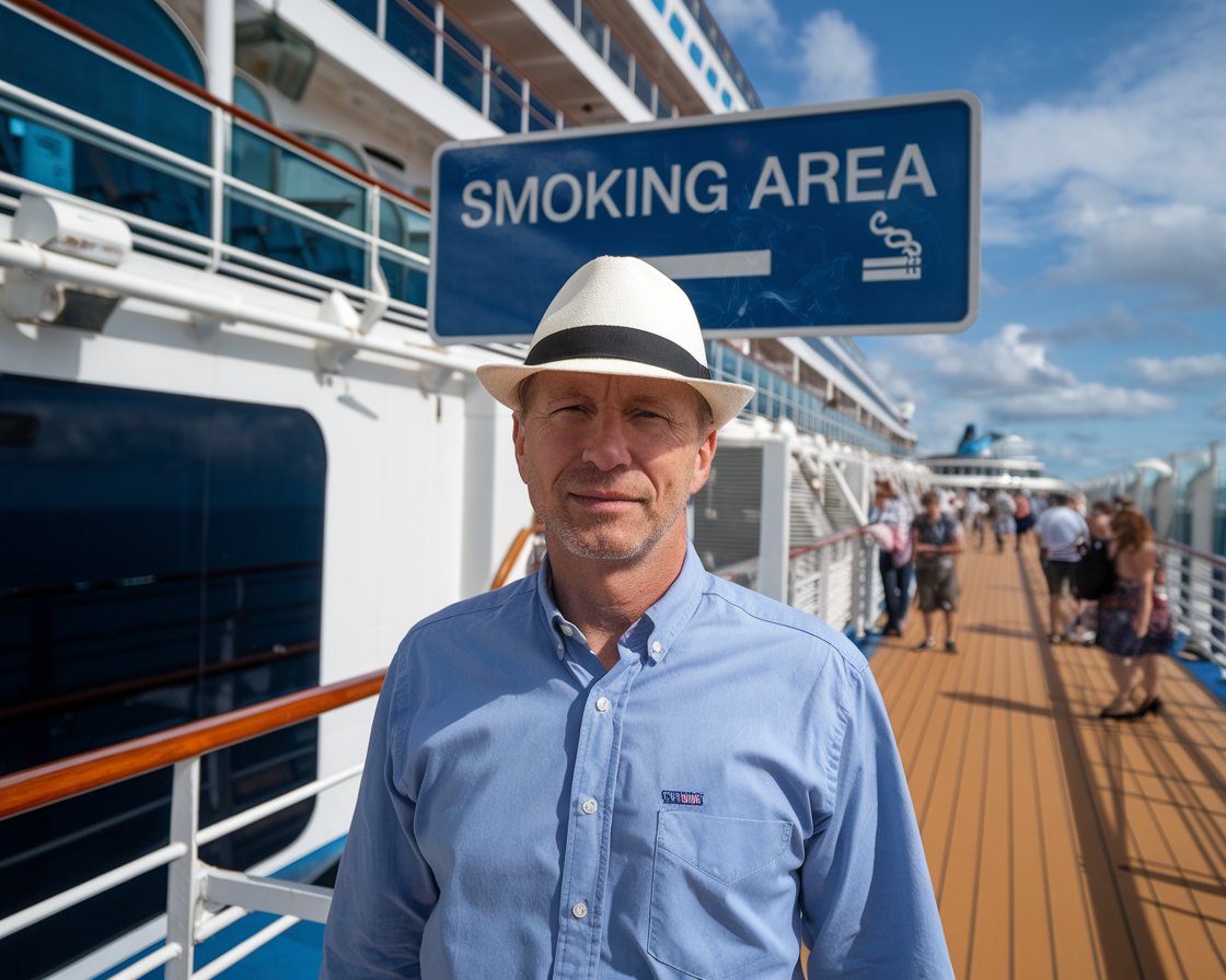 Mid aged man standing in front of sign Smoking Area. on outside deck Norwegian Breakaway cruise ship