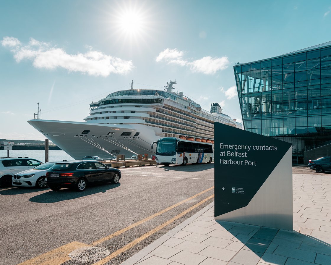 Modern Sign “Emergency Contacts at Belfast Harbour Port” with a cruise ship in the background on a sunny day