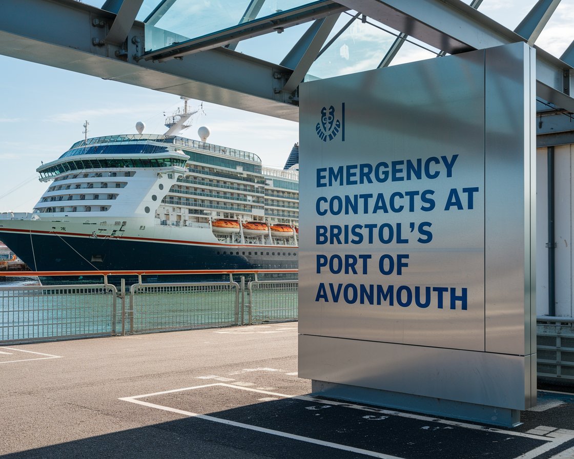 Modern Sign: “Emergency Contacts at Bristol’s Port of Avonmouth” with a cruise ship in the background on a sunny day