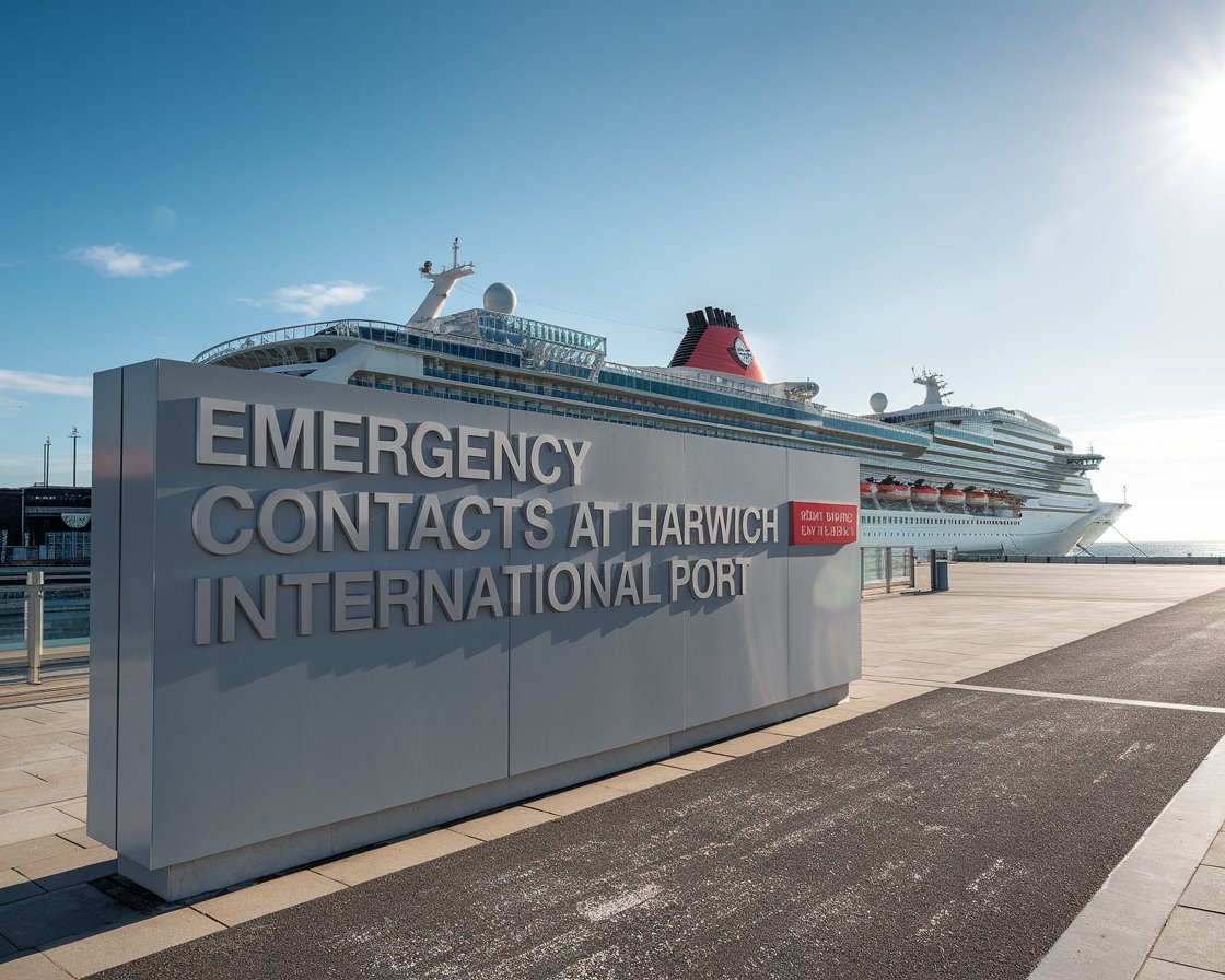 Modern Sign “Emergency Contacts at Harwich International Port” with a cruise ship in the background on a sunny day