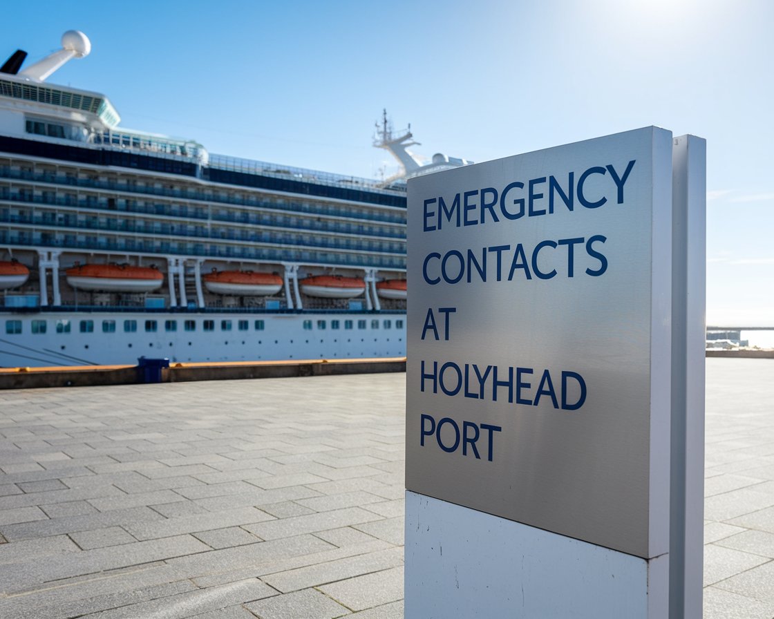 Modern Sign “Emergency Contacts at Holyhead Port” with a cruise ship in the background on a sunny day