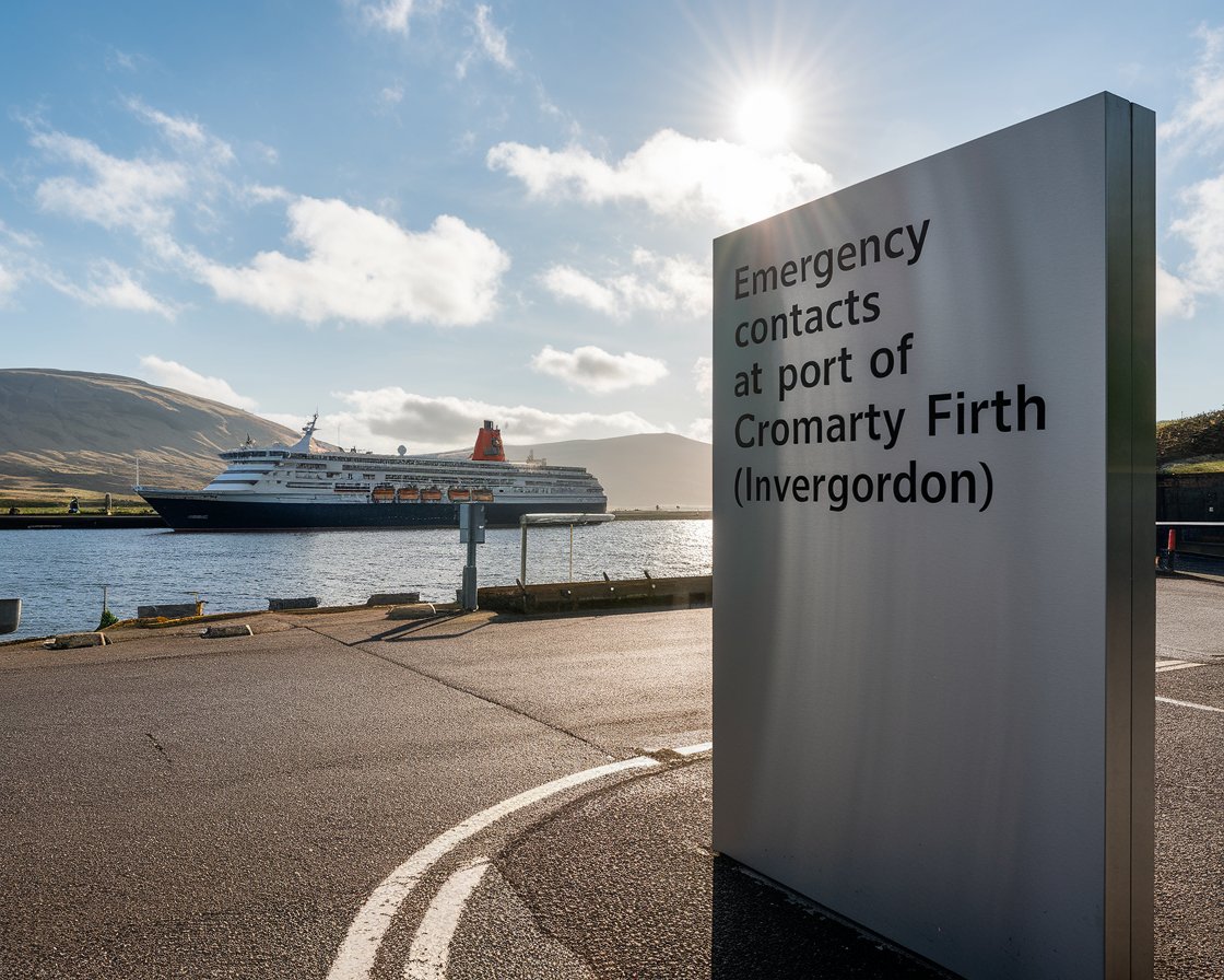 Modern Sign “Emergency Contacts at Port of Cromarty Firth (Invergordon)” with a cruise ship in the background on a sunny day