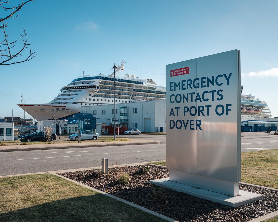 Modern Sign “Emergency Contacts at Port of Dover” with a cruise ship in the background on a sunny day