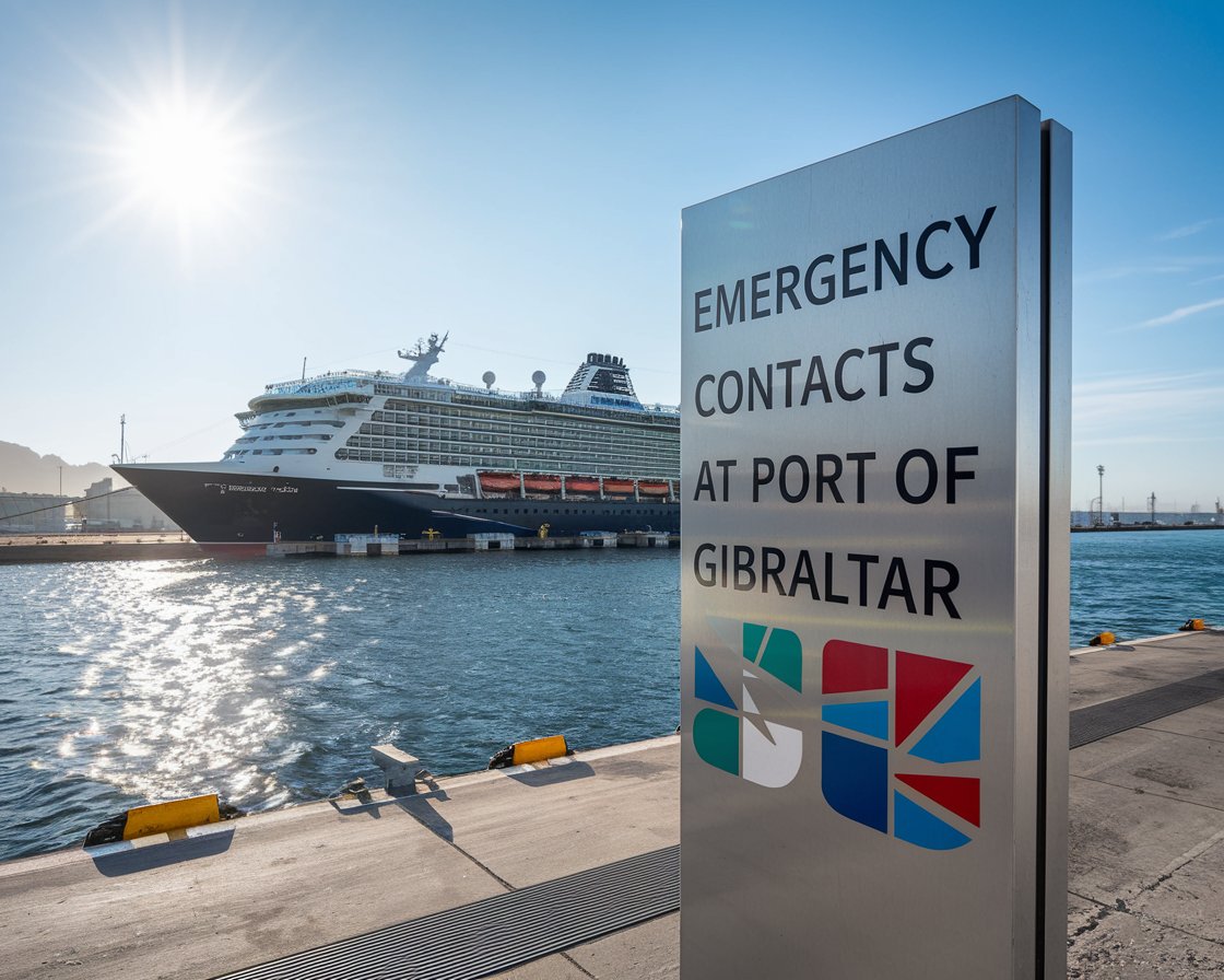 Modern Sign “Emergency Contacts at Port of Gibraltar” with a cruise ship in the background on a sunny day