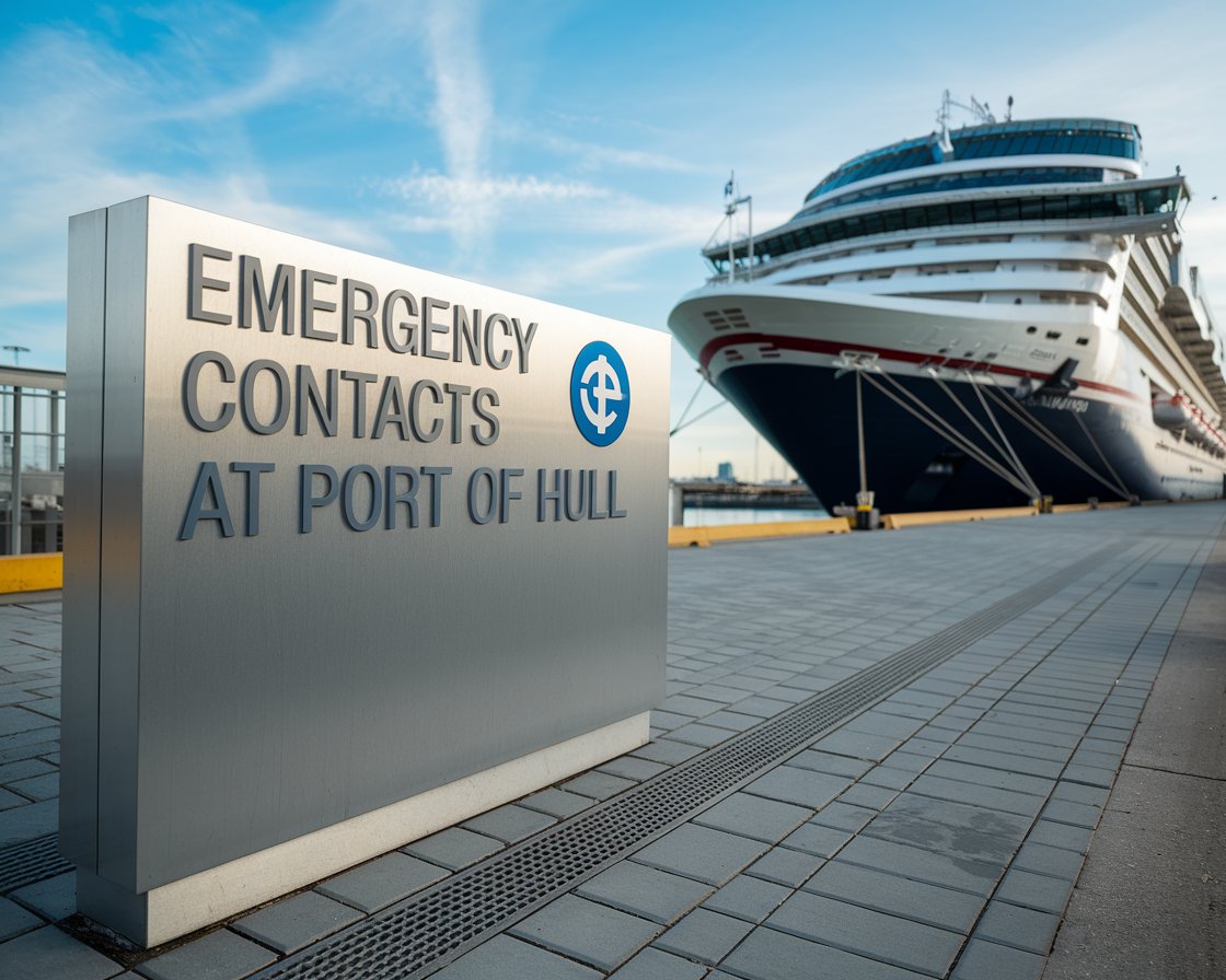 Modern Sign “Emergency Contacts at Port of Hull” with a cruise ship in the background on a sunny day