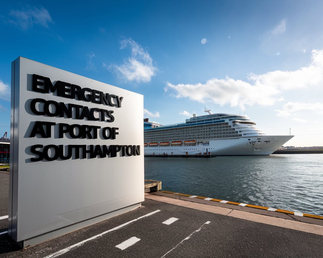 Modern Sign “Emergency Contacts at Port of Southampton” with a cruise ship in the background on a sunny day