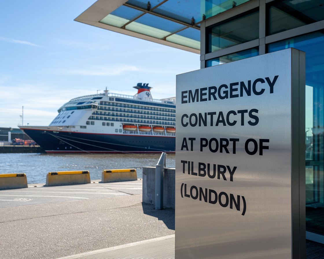 Modern Sign “Emergency Contacts at Port of Tilbury (London)” with a cruise ship in the background on a sunny day