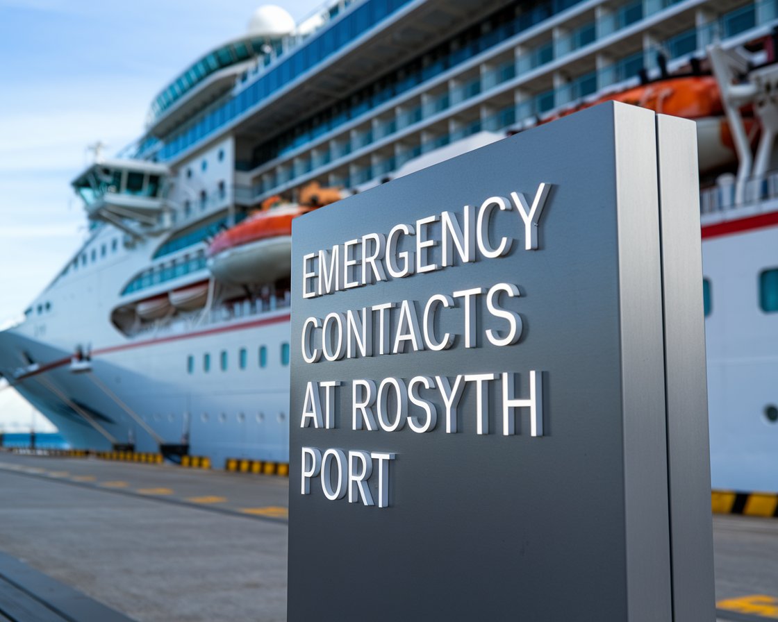 Modern Sign “Emergency Contacts at Rosyth Port” with a cruise ship in the background on a sunny day