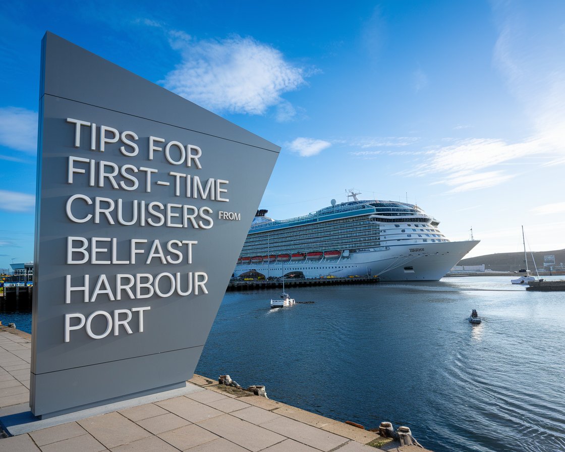 Modern Sign”Tips for First-Time Cruisers from Belfast Harbour Port” with a cruise ship in the background on a sunny day