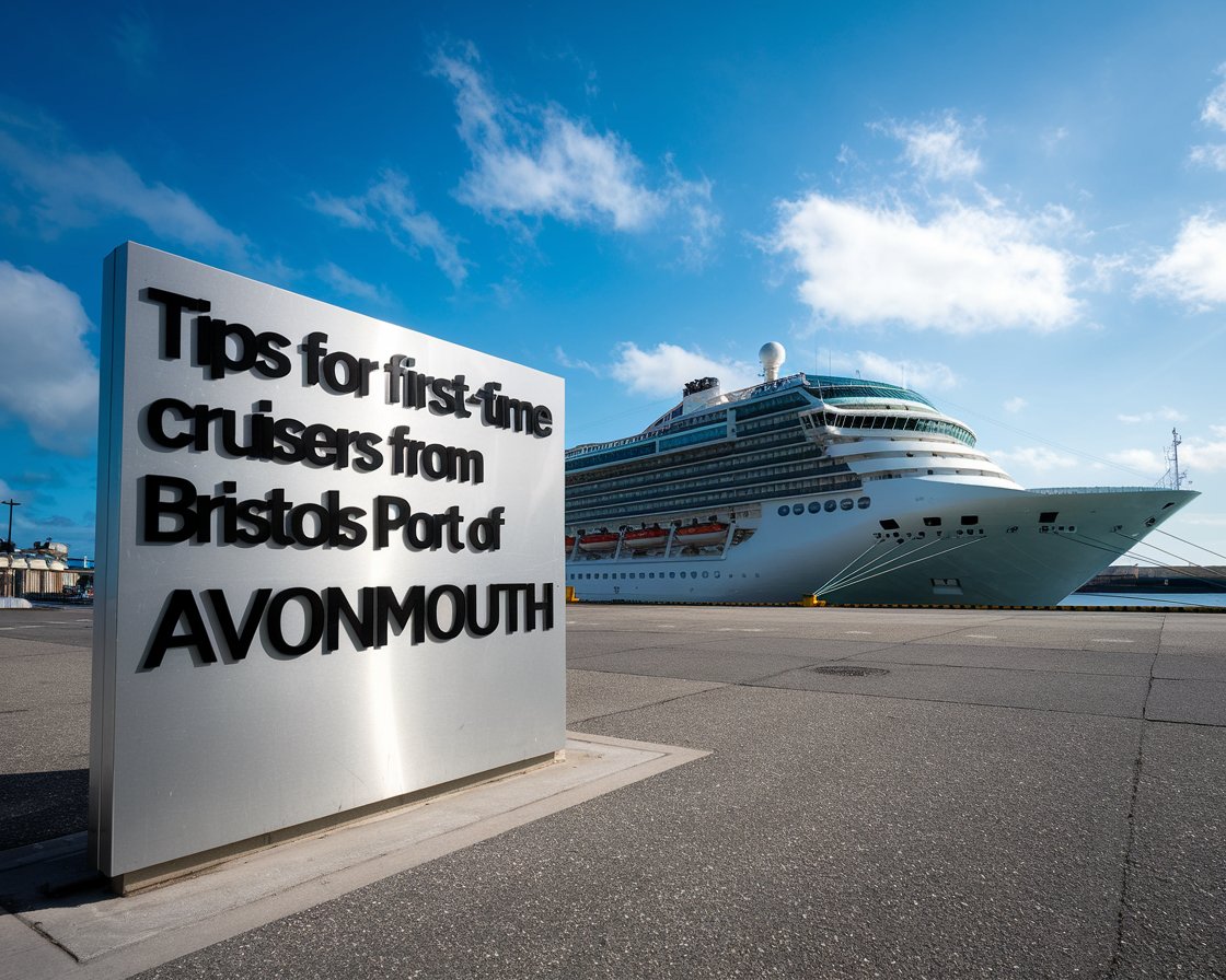 Modern Sign”Tips for First-Time Cruisers from Bristols Port of Avonmouth” with a cruise ship in the background on a sunny day