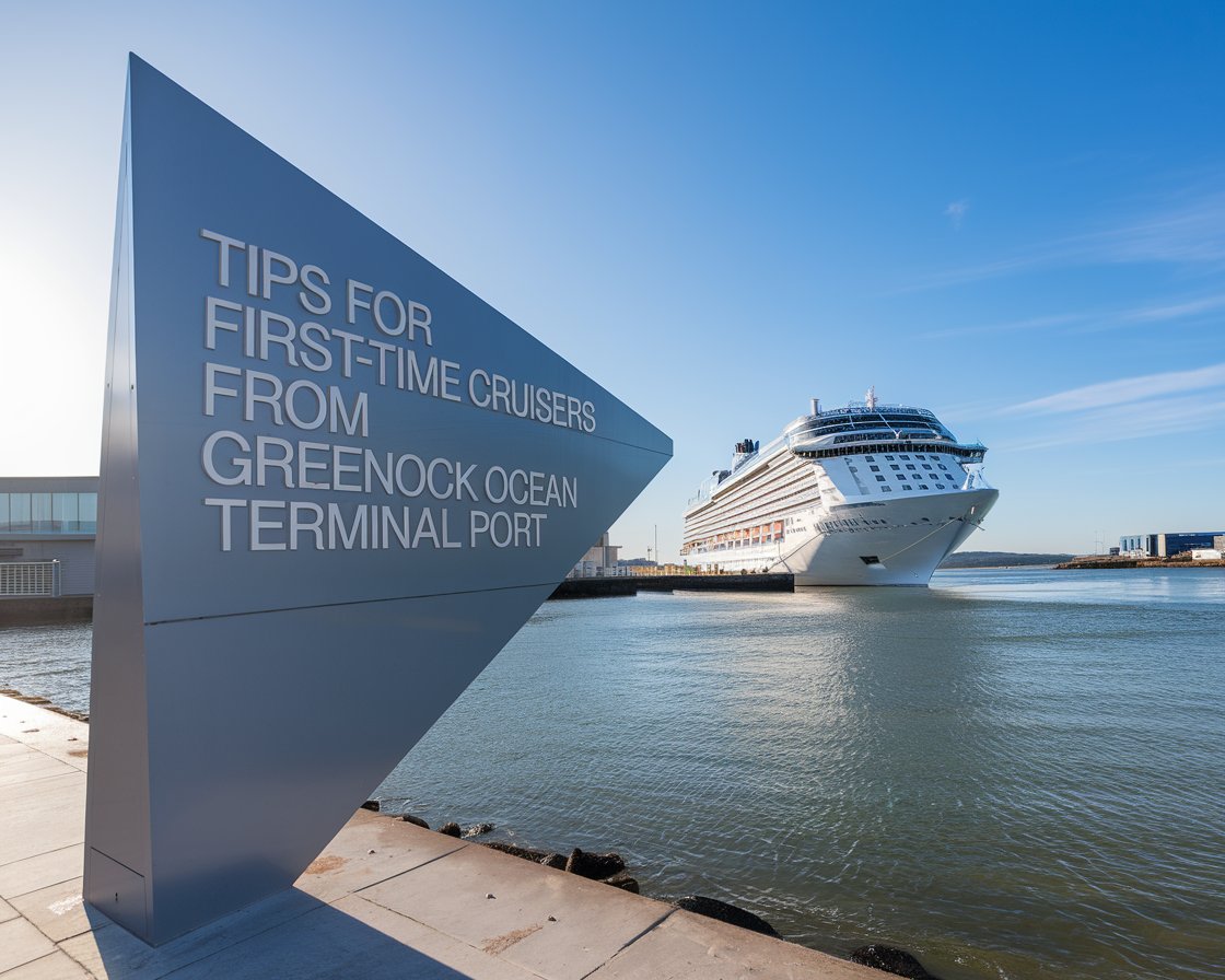 Modern Sign”Tips for First-Time Cruisers from Greenock Ocean Terminal Port” with a cruise ship in the background on a sunny day