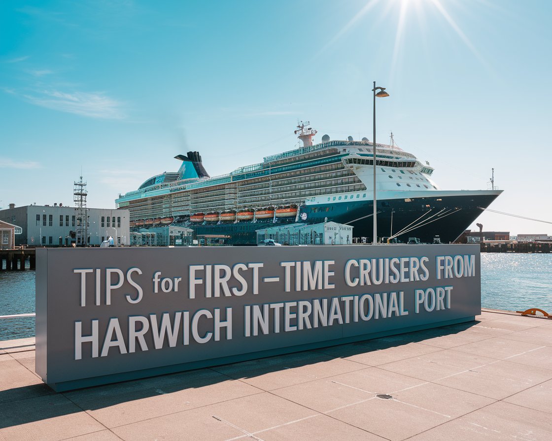 Modern Sign”Tips for First-Time Cruisers from Harwich International Port” with a cruise ship in the background on a sunny day