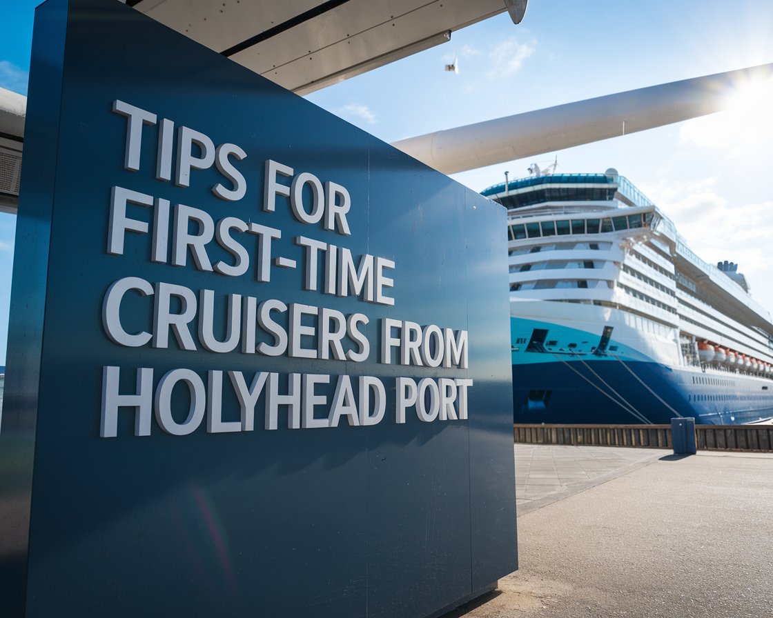 Modern Sign”Tips for First-Time Cruisers from Holyhead Port” with a cruise ship in the background on a sunny day