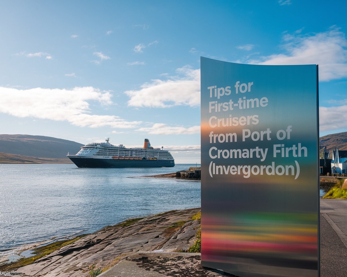 Modern Sign”Tips for First-Time Cruisers from Port of Cromarty Firth (Invergordon)” with a cruise ship in the background on a sunny day