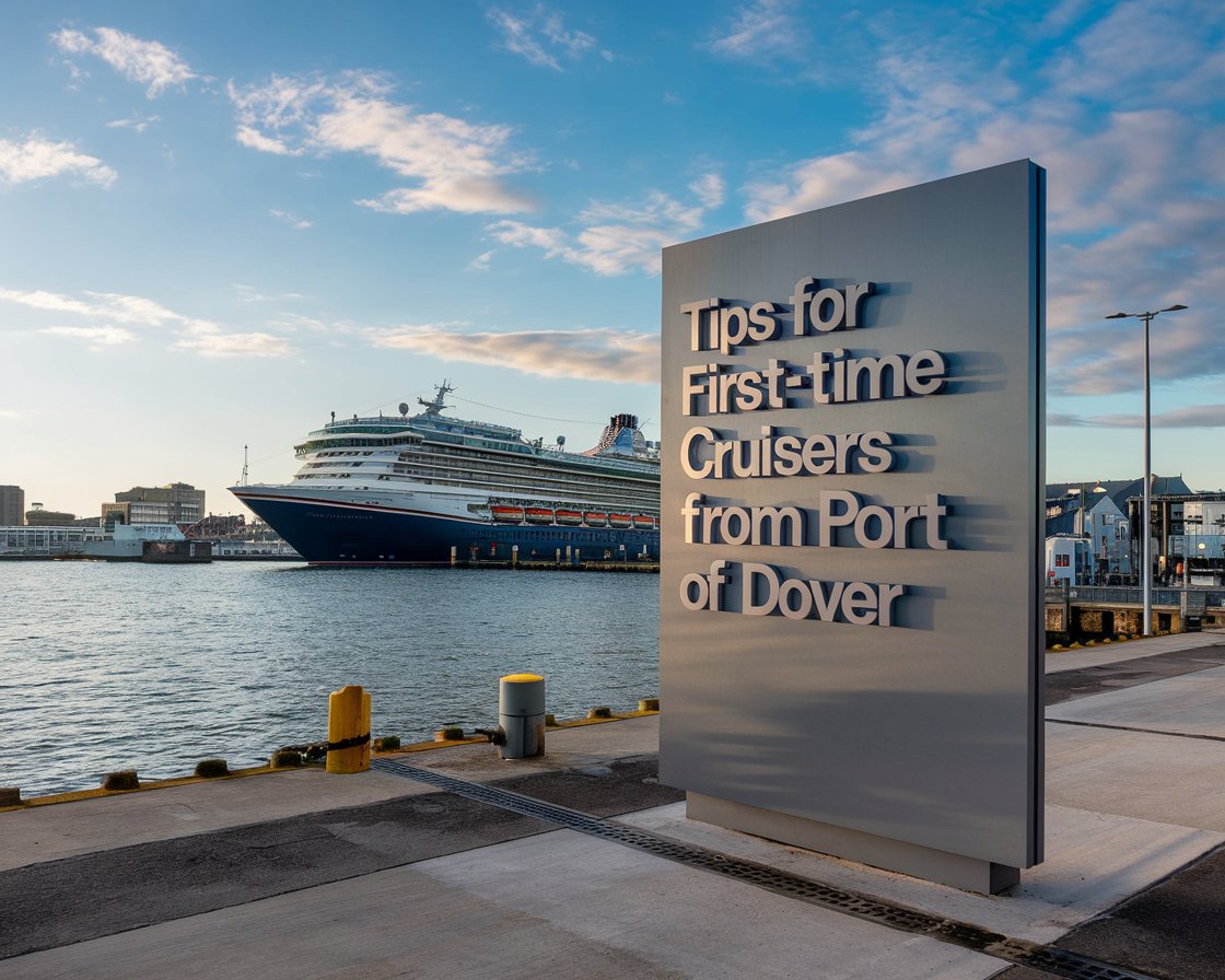 Modern Sign”Tips for First-Time Cruisers from Port of Dover” with a cruise ship in the background on a sunny day