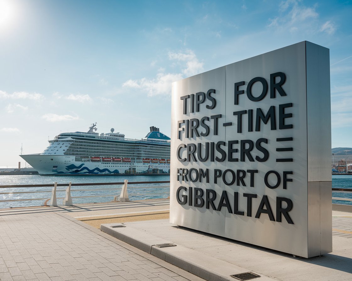 Modern Sign”Tips for First-Time Cruisers from Port of Gibraltar” with a cruise ship in the background on a sunny day