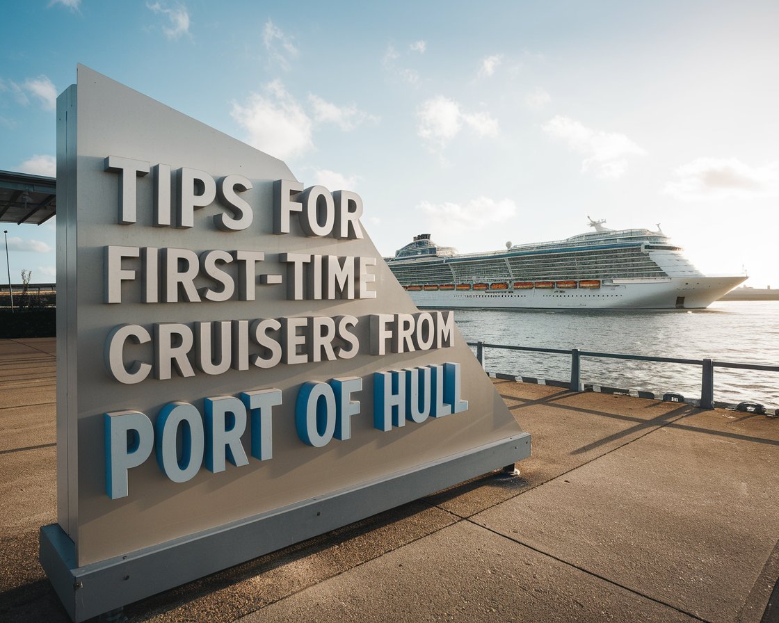 Modern Sign”Tips for First-Time Cruisers from Port of Hull” with a cruise ship in the background on a sunny day