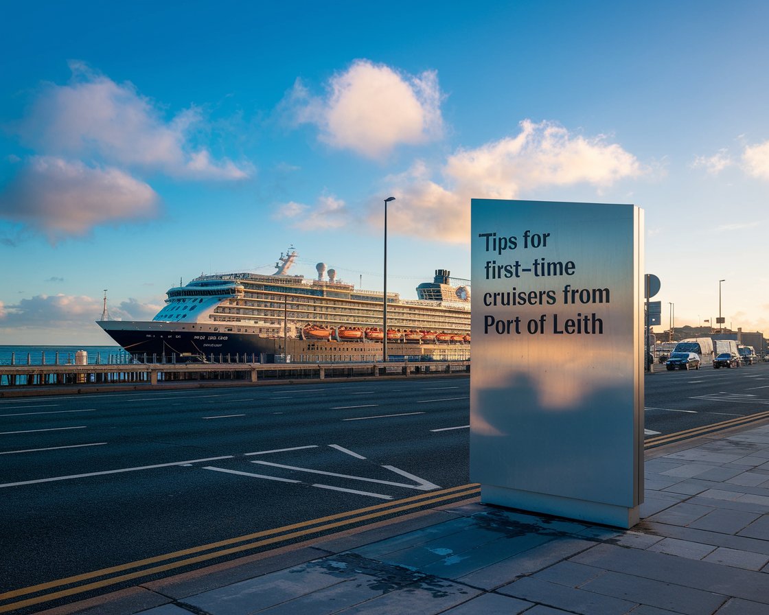 Modern Sign”Tips for First-Time Cruisers from Port of Leith” with a cruise ship in the background on a sunny day