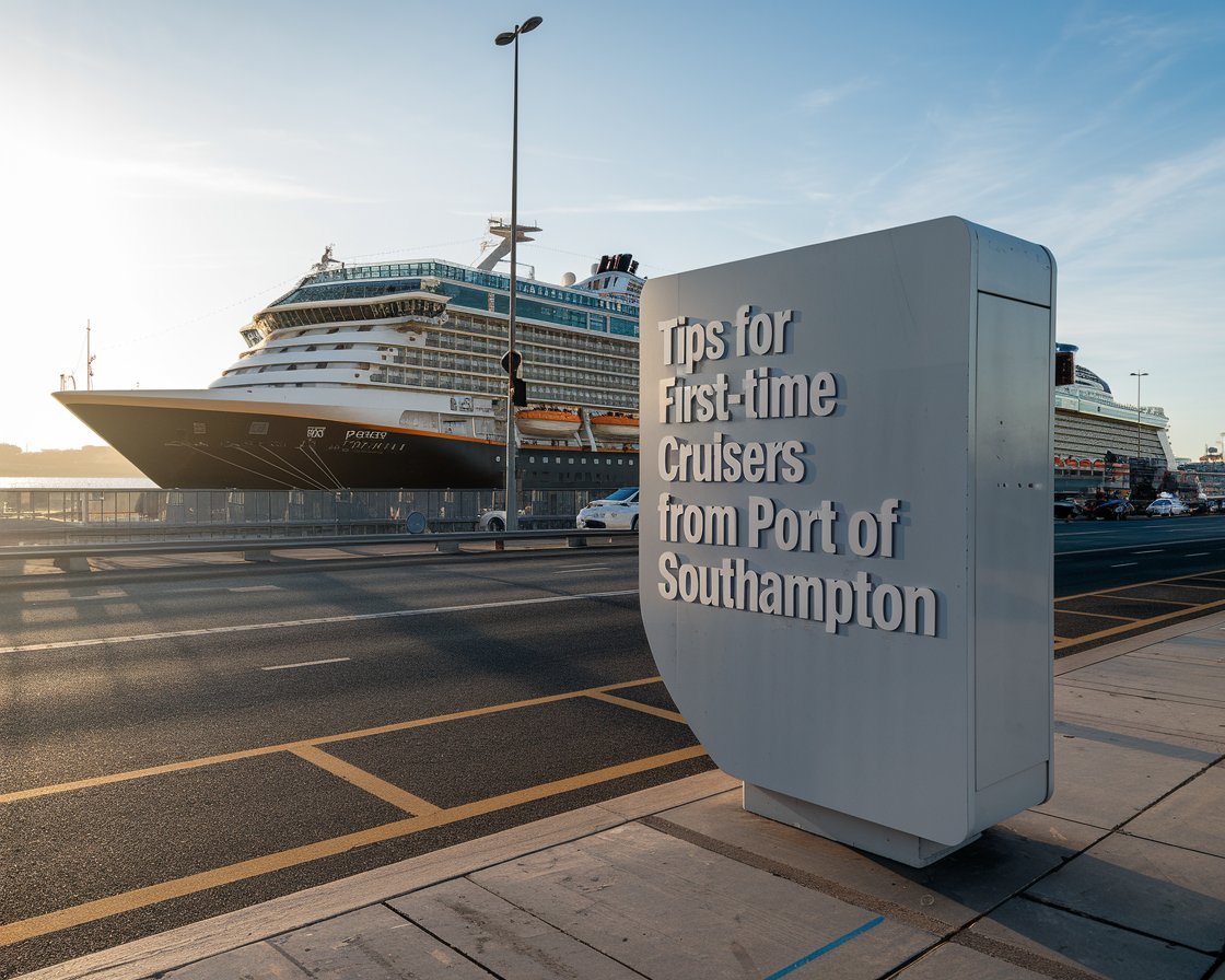 Modern Sign:”Tips for First-Time Cruisers from Port of Southampton” with a cruise ship in the background on a sunny day