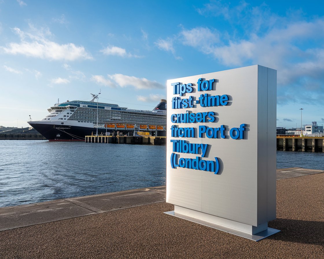 Modern Sign”Tips for First-Time Cruisers from Port of Tilbury (London)” with a cruise ship in the background on a sunny day