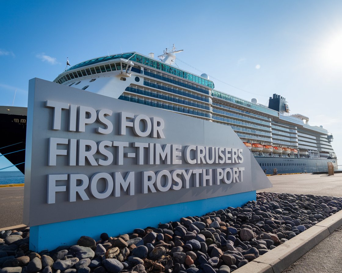 Modern Sign”Tips for First-Time Cruisers from Rosyth Port” with a cruise ship in the background on a sunny day