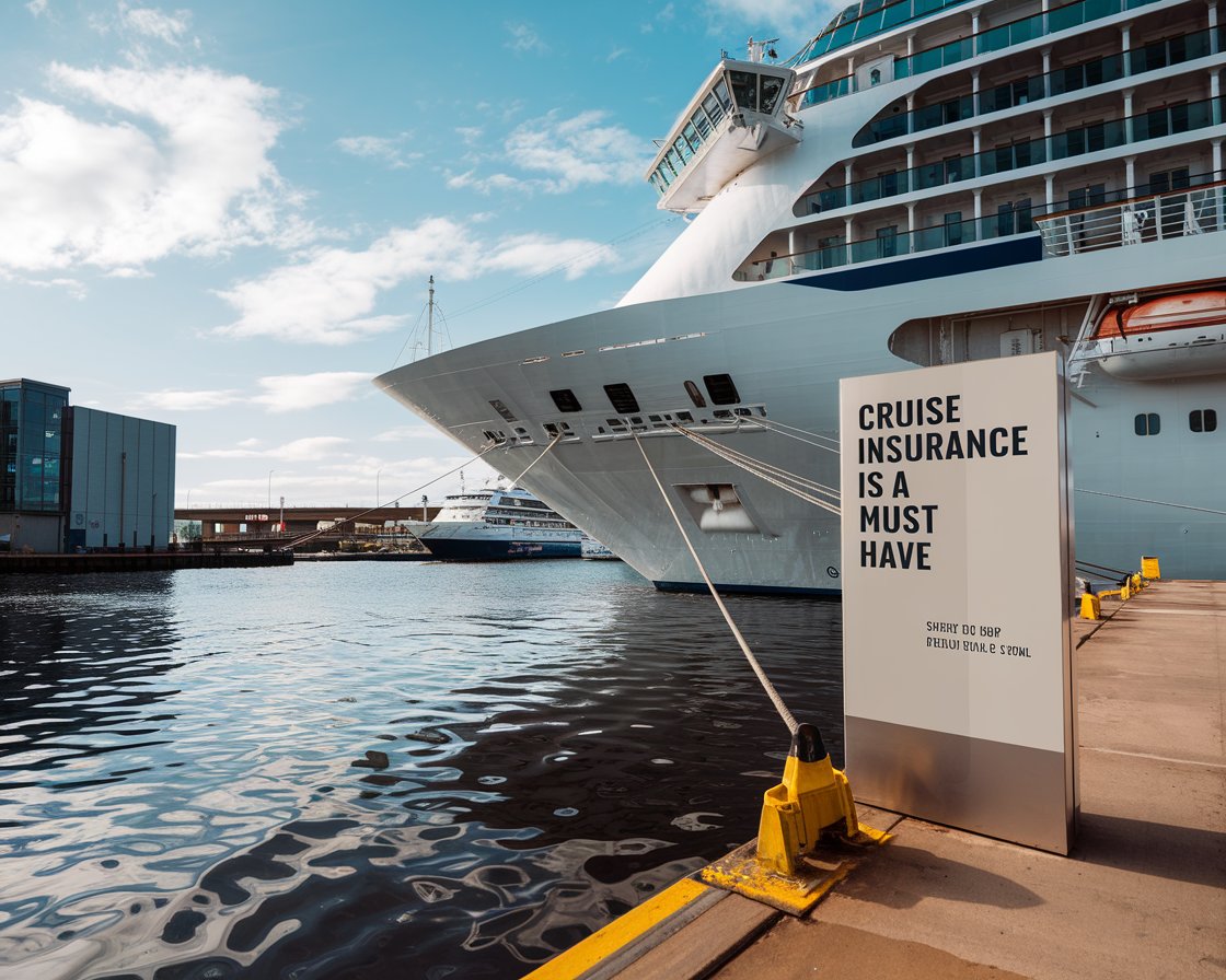 Modern sign “Cruise Insurance is a must have” on a cruise ship on a sunny day at Belfast Harbour Port