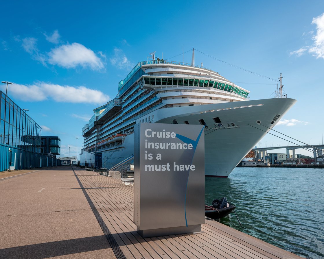 Modern sign “Cruise Insurance is a must have” on a cruise ship on a sunny day at Greenock Ocean Terminal Port