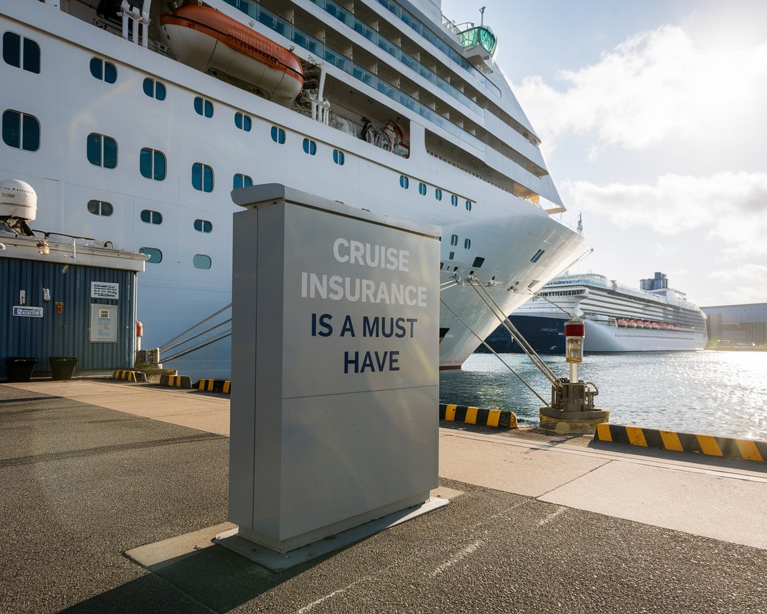 Modern sign “Cruise Insurance is a must have” on a cruise ship on a sunny day at Harwich International Port.