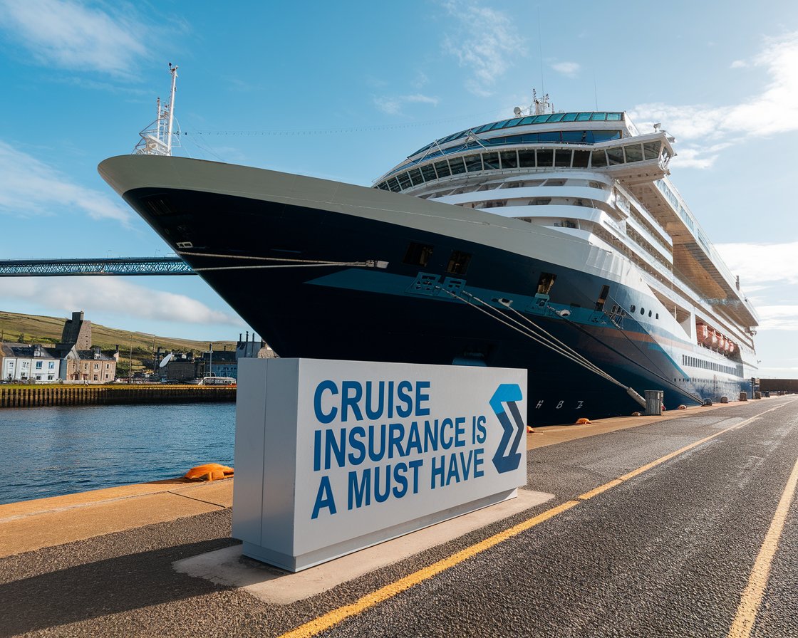 Modern sign “Cruise Insurance is a must have” on a cruise ship on a sunny day at Holyhead Port