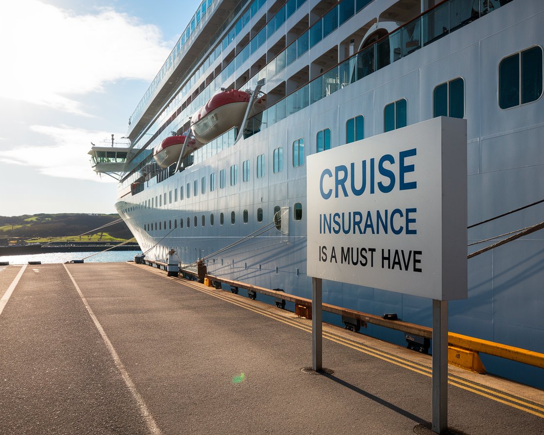 Modern sign “Cruise Insurance is a must have” on a cruise ship on a sunny day at Port of Cromarty Firth (Invergordon).