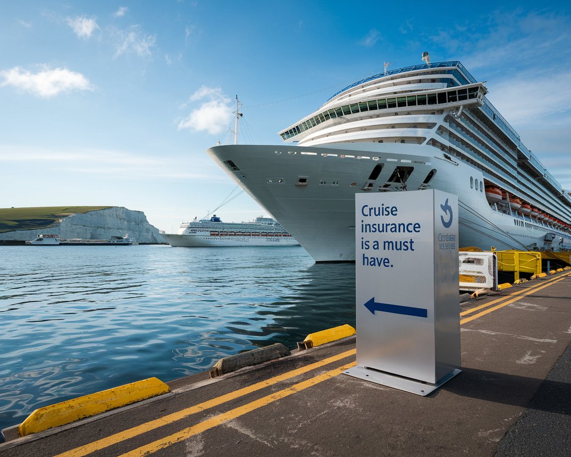 Modern sign “Cruise Insurance is a must have” on a cruise ship on a sunny day at Port of Dover.