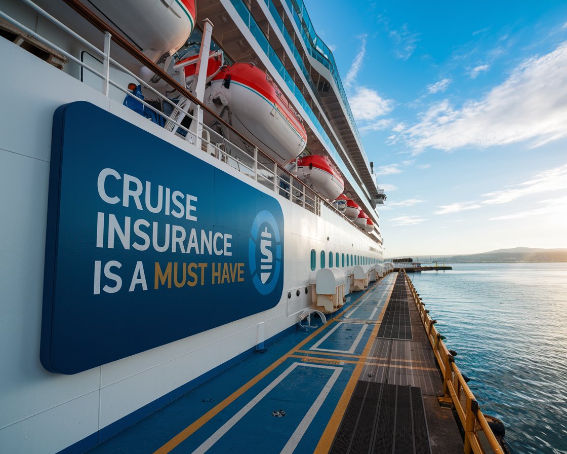 Modern sign “Cruise Insurance is a must have” on a cruise ship on a sunny day at Port of Gibraltar.