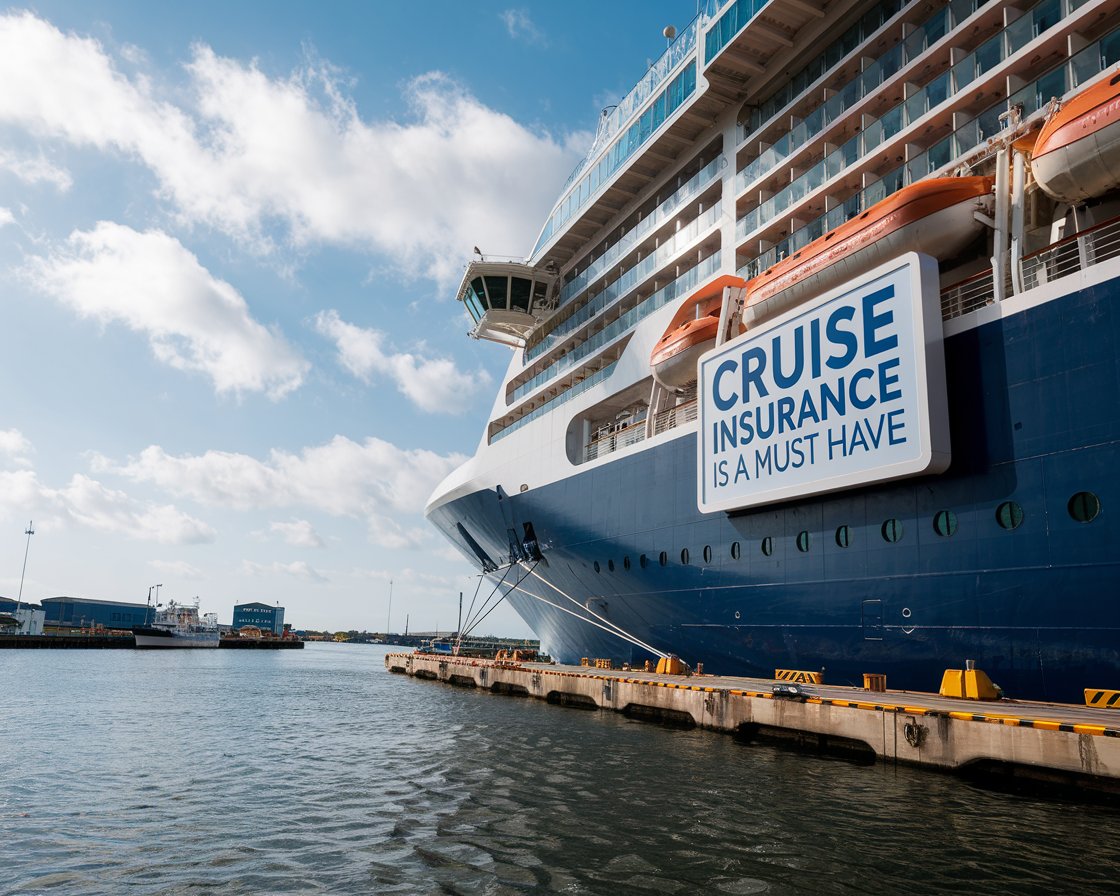 Modern sign “Cruise Insurance is a must have” on a cruise ship on a sunny day at Port of Hull