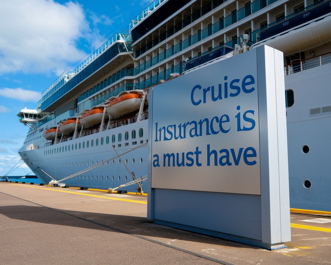 Modern sign “Cruise Insurance is a must have” on a cruise ship on a sunny day at Port of Leith.