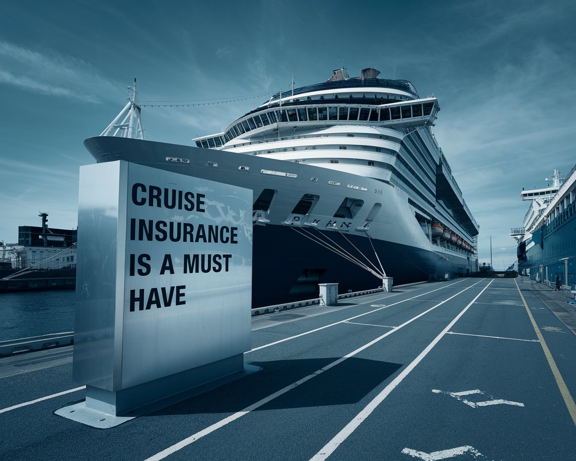 Modern sign “Cruise Insurance is a must have” on a cruise ship on a sunny day at Rosyth Port.