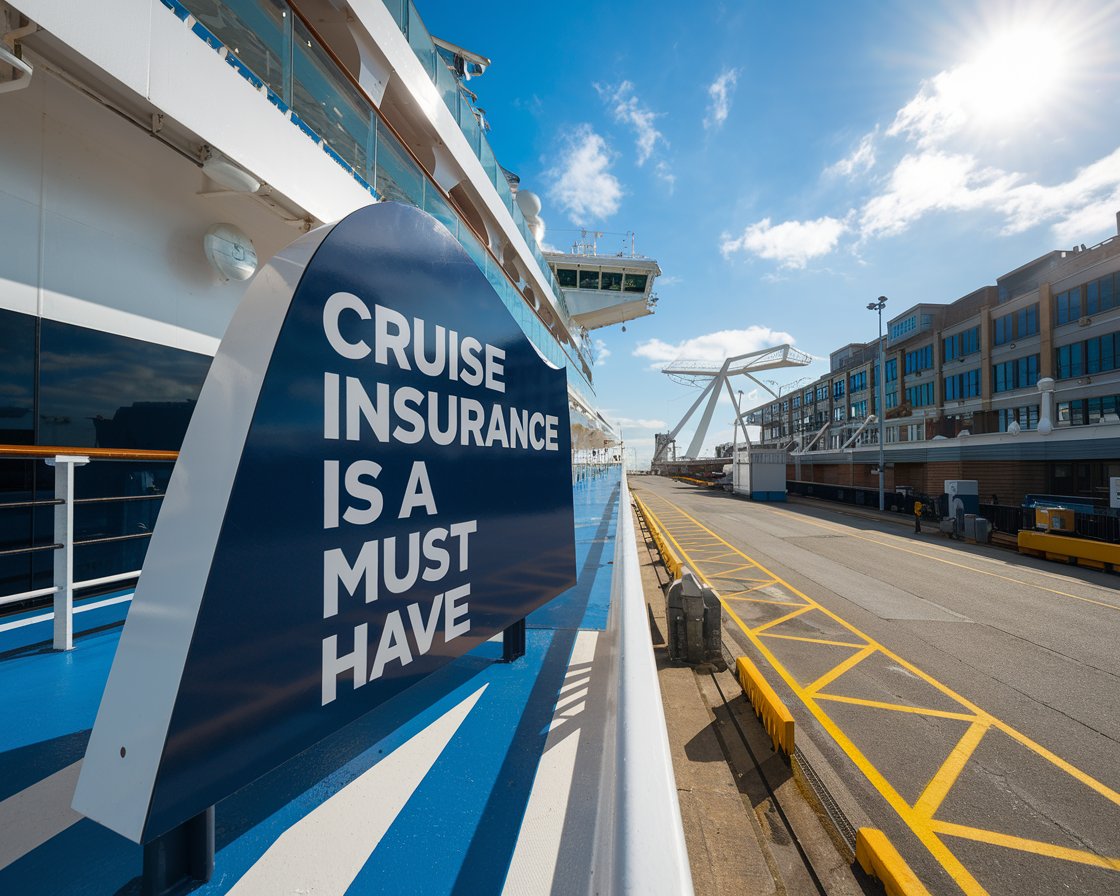 Modern sign “Cruise Insurance is a must have” on a cruise ship on a sunny day at Southampton.