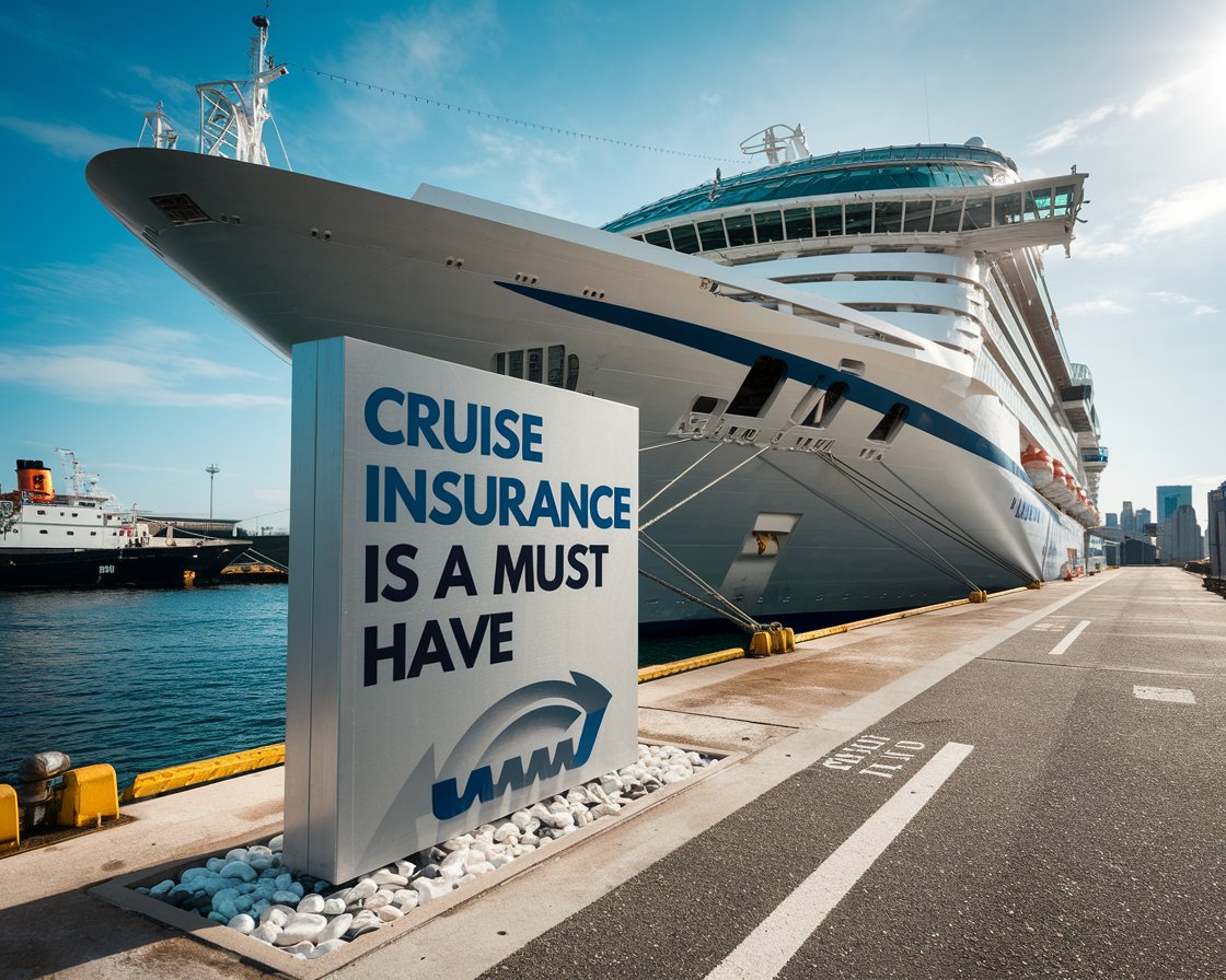 Modern sign “Cruise Insurance is a must have” on a cruise ship on a sunny day.