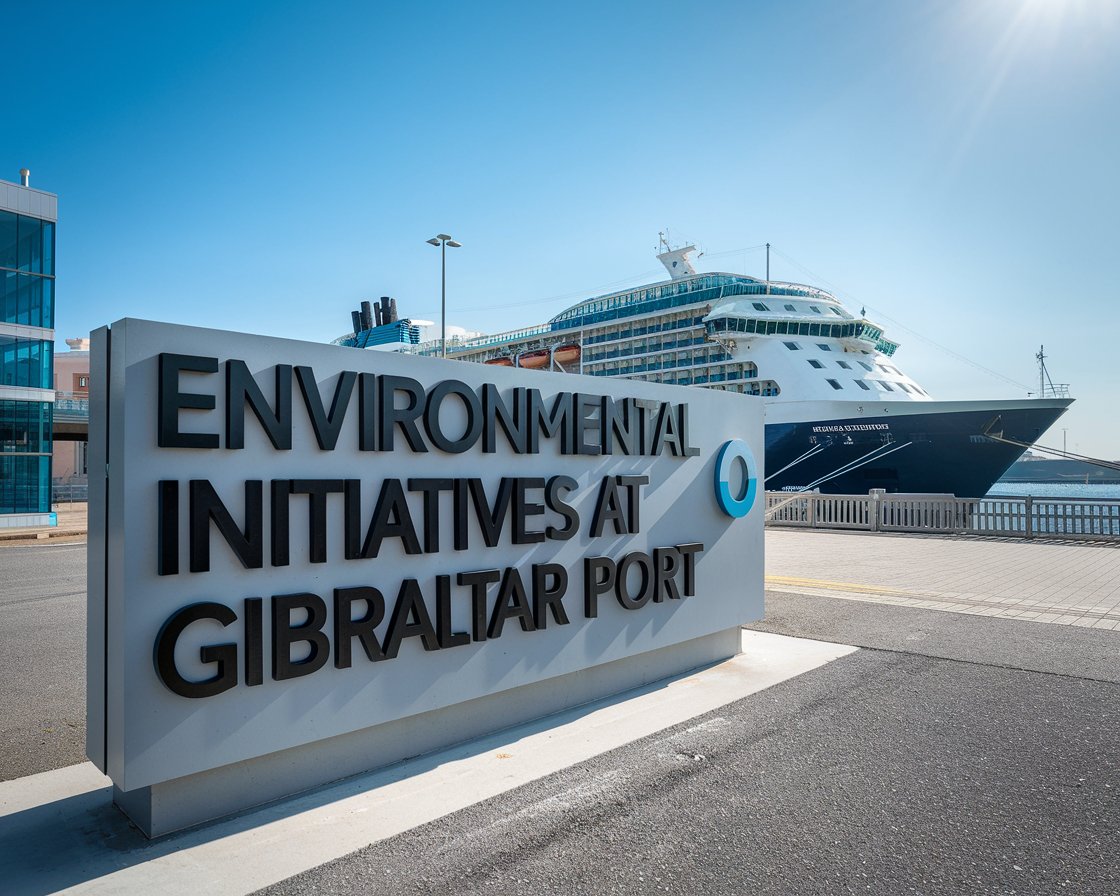 Modern sign “Environmental Initiatives at Gibraltar Port with a cruise ship in the background on a sunny day