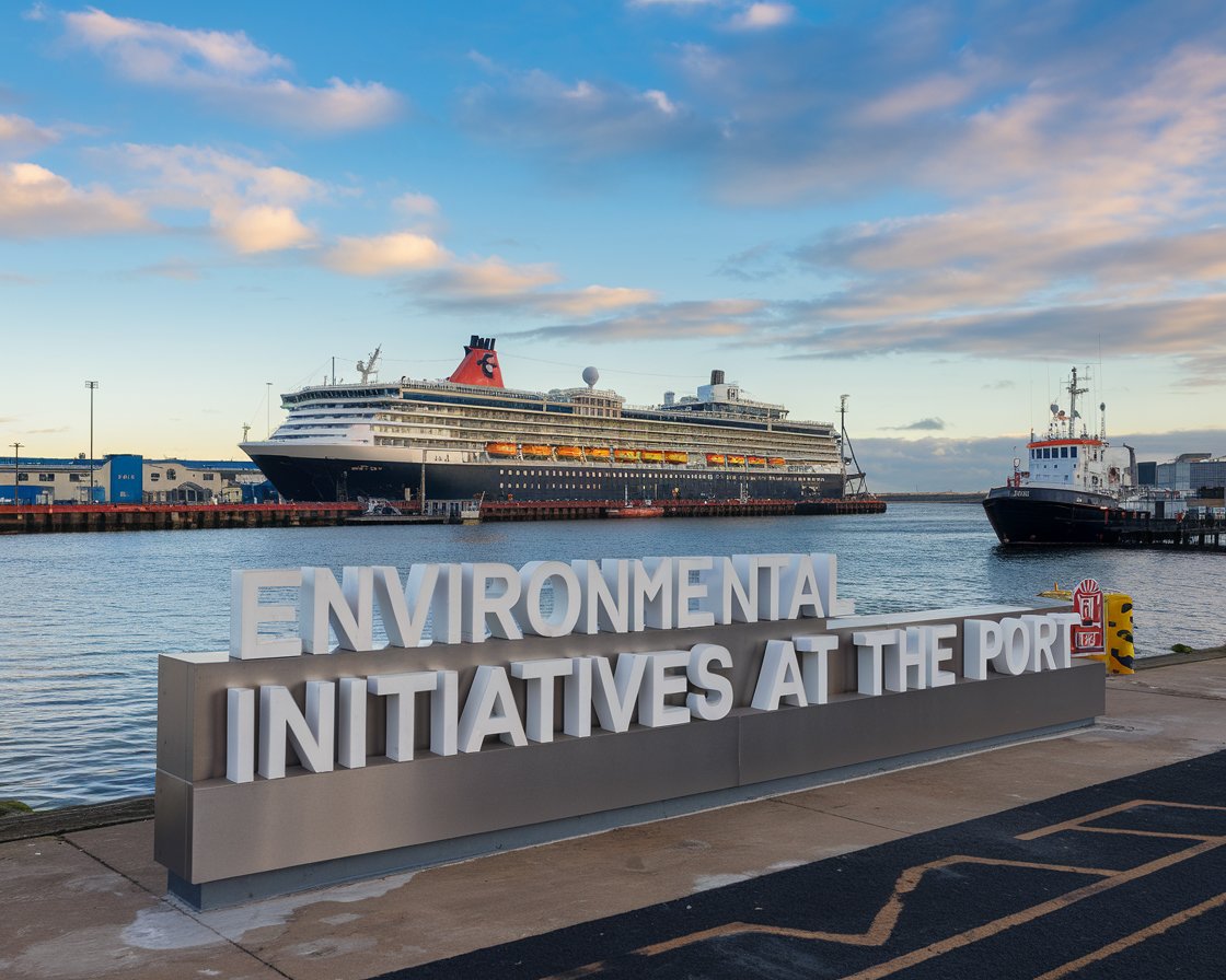 Modern sign “Environmental Initiatives at The Port’ with a cruise ship in the background on a sunny day at Belfast Harbour Port