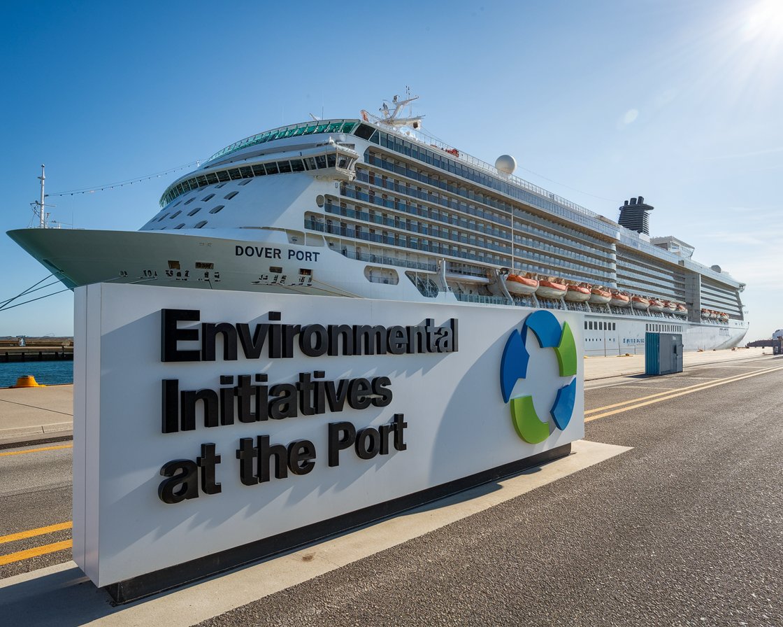 Modern sign “Environmental Initiatives at The Port’ with a cruise ship in the background on a sunny day at Dover Port