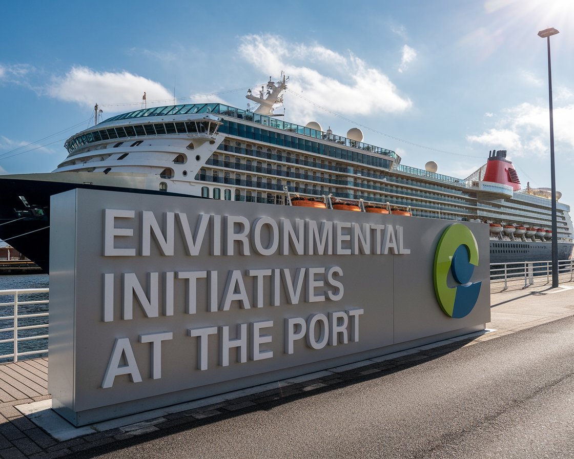 Modern sign “Environmental Initiatives at The Port’ with a cruise ship in the background on a sunny day at Greenock Ocean Terminal Port