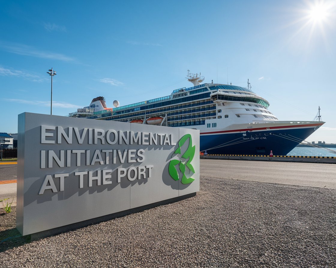 Modern sign “Environmental Initiatives at The Port’ with a cruise ship in the background on a sunny day at Harwich International Port