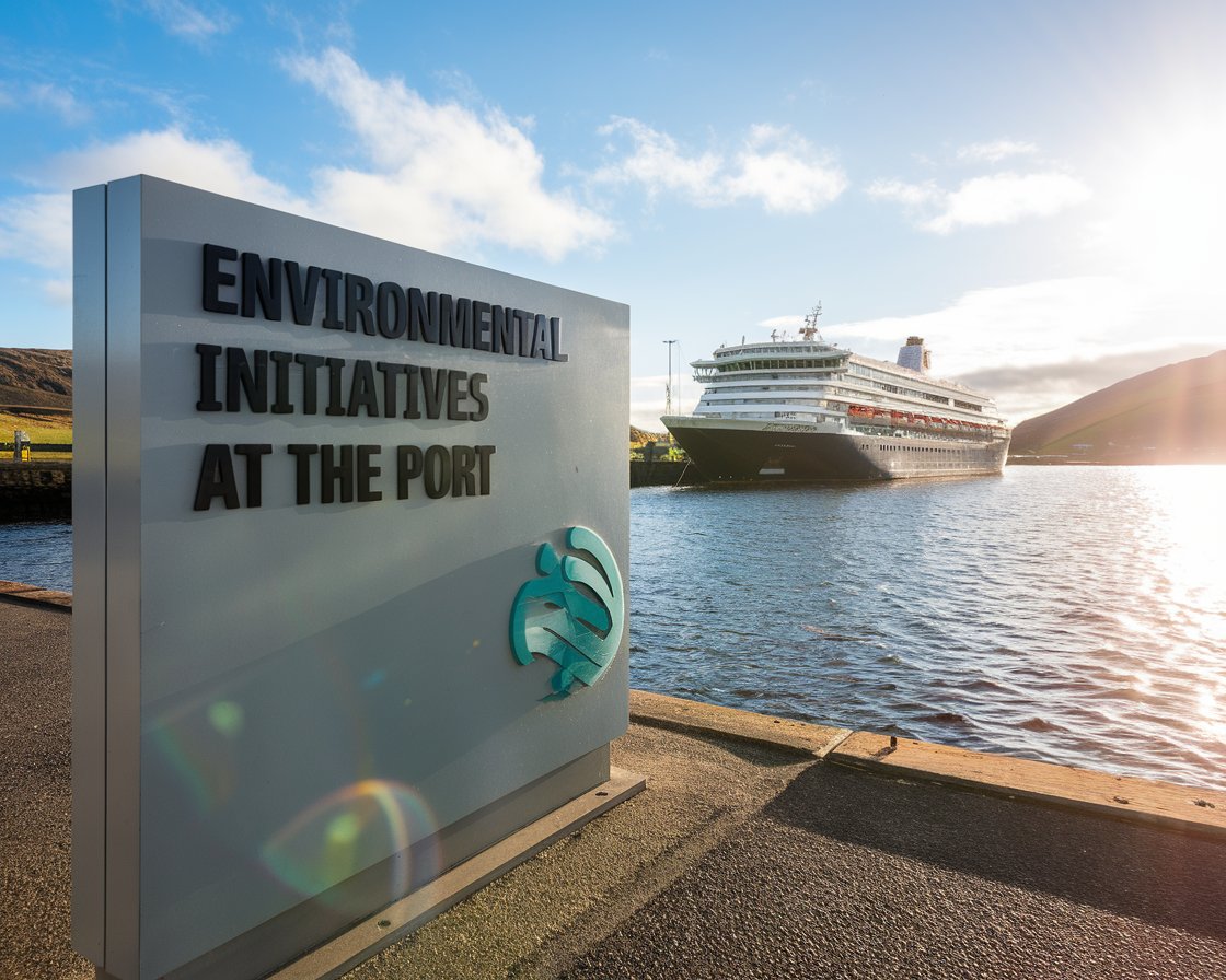 Modern sign “Environmental Initiatives at The Port’ with a cruise ship in the background on a sunny day at Holyhead Port