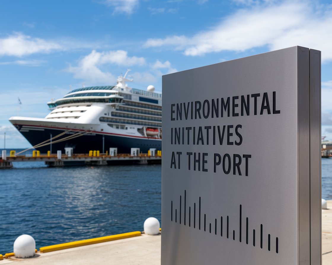 Modern sign “Environmental Initiatives at The Port’ with a cruise ship in the background on a sunny day at Port of Cromarty Firth (Invergordon)