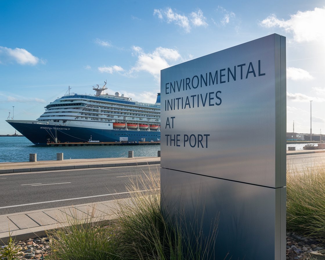 Modern sign “Environmental Initiatives at The Port’ with a cruise ship in the background on a sunny day at Port of Hull