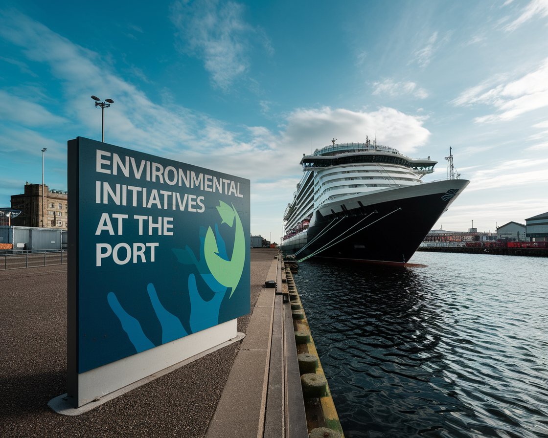 Modern sign “Environmental Initiatives at The Port’ with a cruise ship in the background on a sunny day at Port of Leith