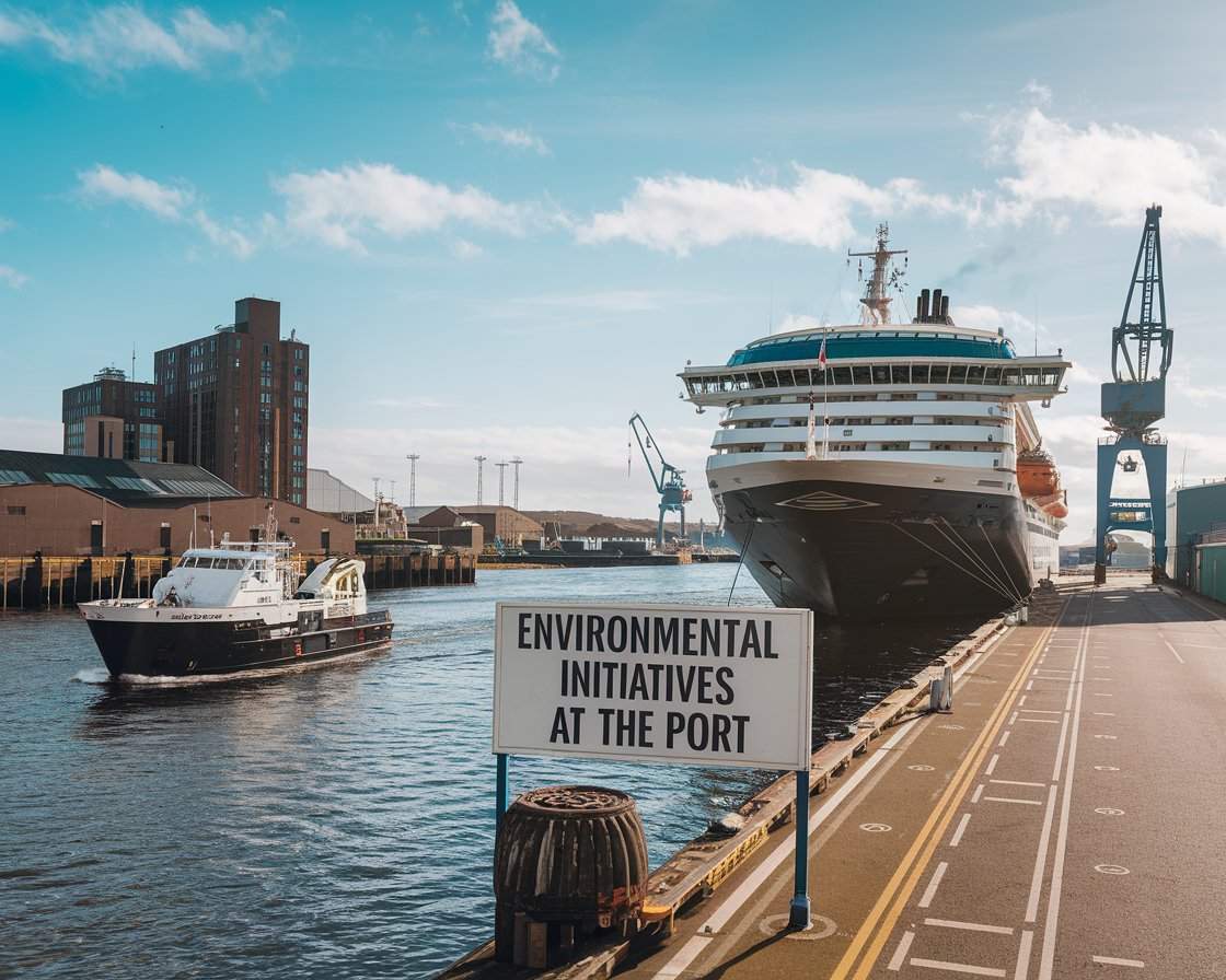 Modern sign “Environmental Initiatives at The Port’ with a cruise ship in the background on a sunny day at Port of Tilbury