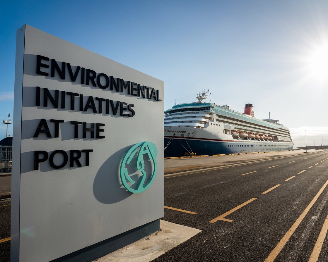 Modern sign “Environmental Initiatives at The Port’ with a cruise ship in the background on a sunny day at Rosyth Port