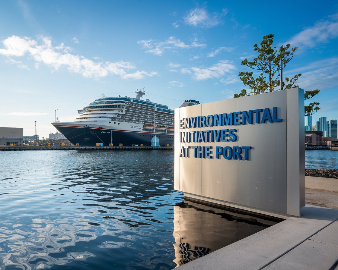 Modern sign “Environmental Initiatives at The Port’ with a cruise ship in the background on a sunny day