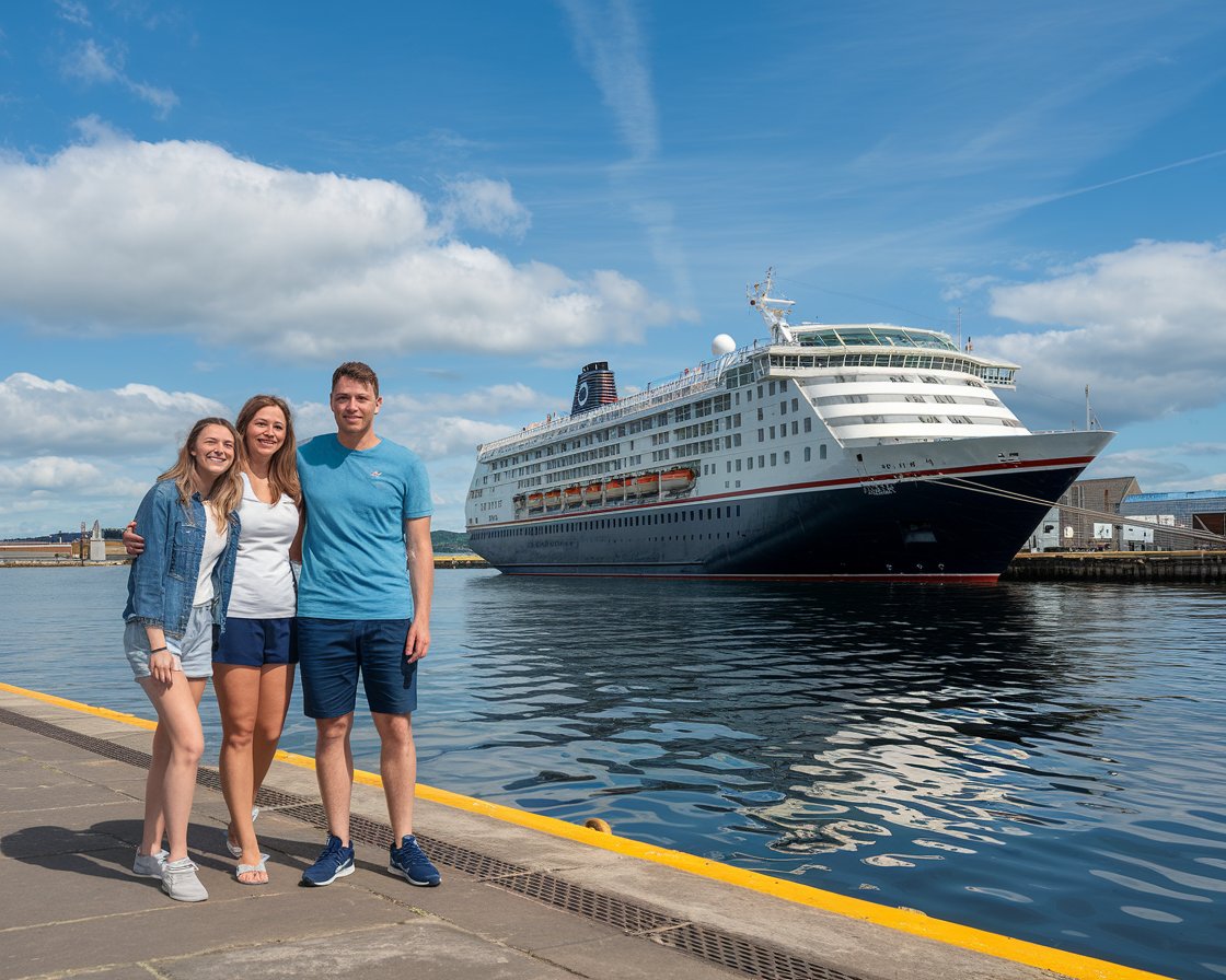 Mother and father with 1 teenager in shorts with a cruise ship in the background on a sunny day at Belfast Harbour Port